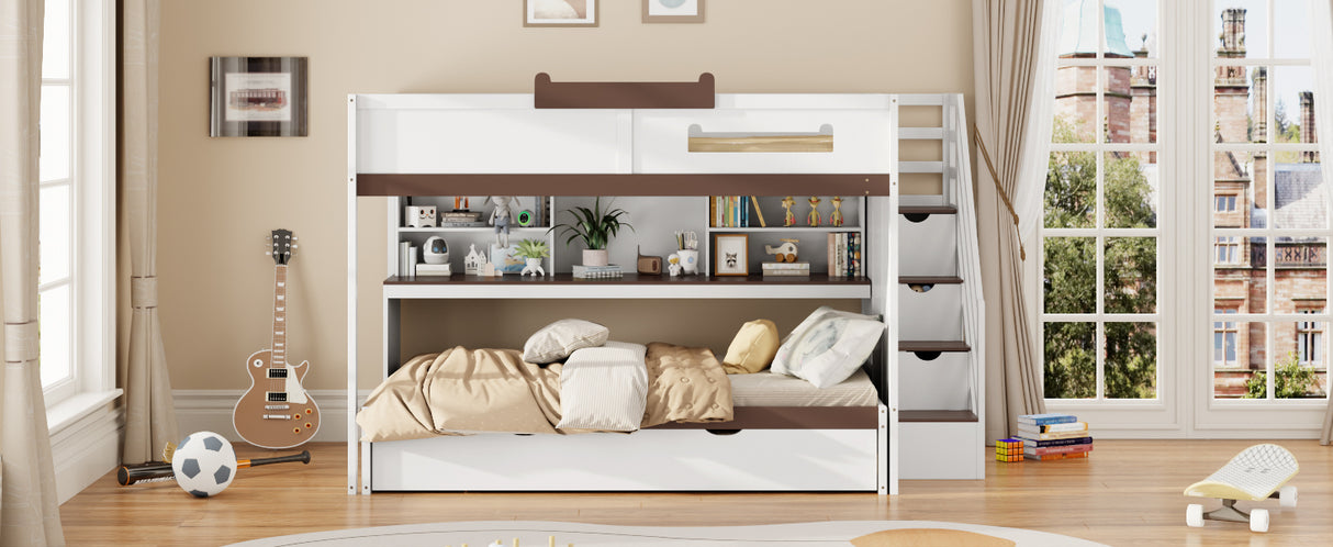 Full Over Full Bunk Bed with Twin Size Trundle and Staircase, Shelves, LED,White - sold by Home Elegance USA
