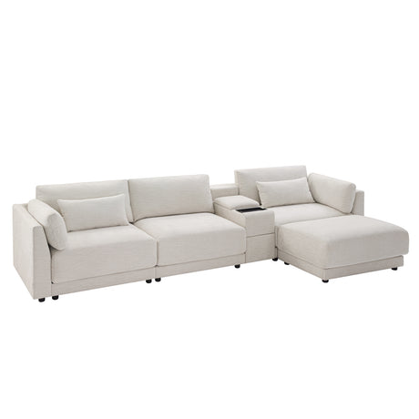 124'' L-Shaped Sectional Sofa with Multi-Functional Storage Console, Wired&Wireless Charger, Movable Ottoman, Wider&Thicker Cushion, Free Combination for Living Room&Apartment, Chenille - sold by Home Elegance USA