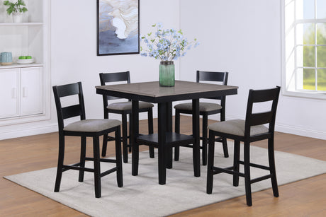 Rustic Farmhouse 5-Pc Counter Height Dining Set Square Table Wood Top Bottom Display Shelf Linen Look Fabric Upholstery Chair Wooden Dining Room Furniture Black Light Gray Two Tone Finish Dinette