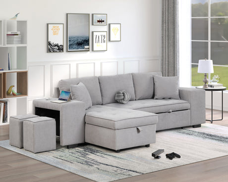 Modern Reversible L-Shape Pull Out Sleeper Sofa with Storage Chaise and Stools, Gray Linen, 104.5' - sold by Home Elegance USA
