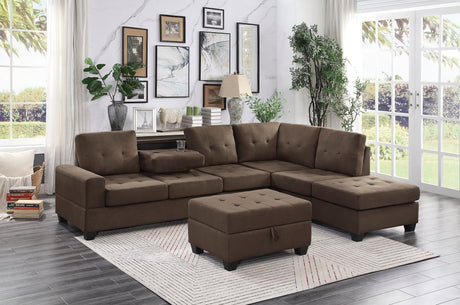 Modern Living Room 3-Piece Sectional Reversible Sofa Chaise Storage Ottoman Tufted Detail Brown Microfiber Upholstered Drop-Down Cup-holder Solid Wood Frame Furniture