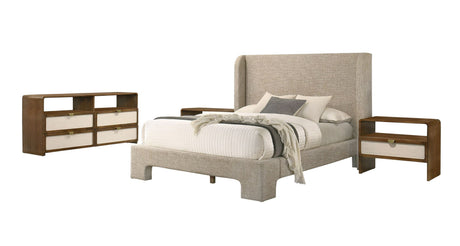 Eastern King Emilio - Modern Beige Fabric + Burlap + Walnut 4-Piece Bedroom Set
