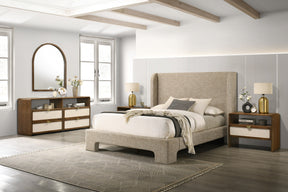 Queen Emilio - Modern Beige Fabric + Burlap + Walnut 4-Piece Bedroom Set - View Image 1