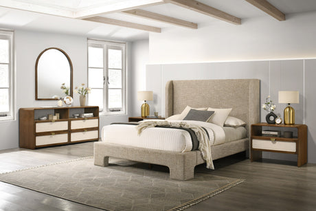 Eastern King Emilio - Modern Beige Fabric + Burlap + Walnut 4-Piece Bedroom Set - View Image 1