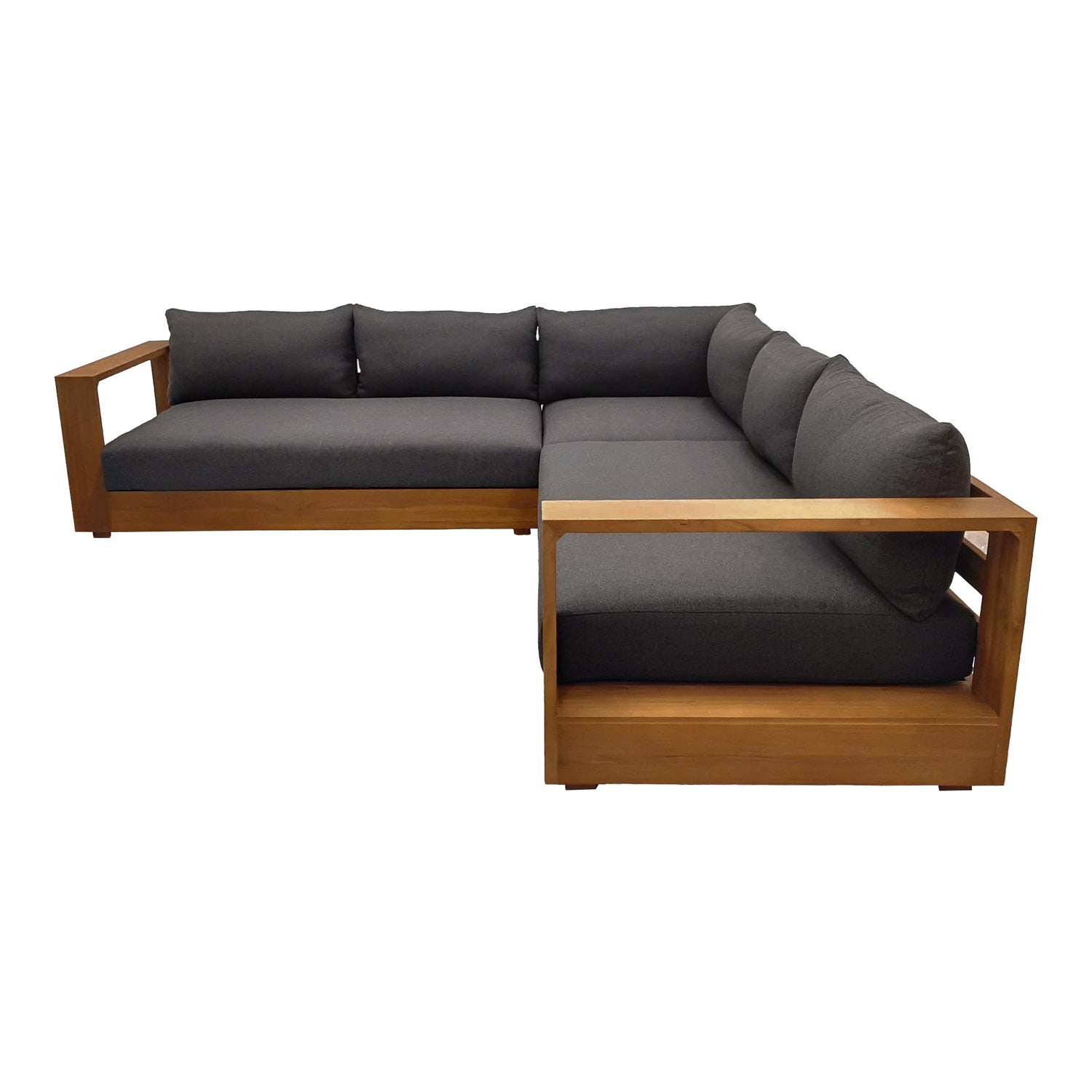 Santorini - Outdoor Grey Olefin Fabric + Natural Teak Sectional Sofa - View Image 1