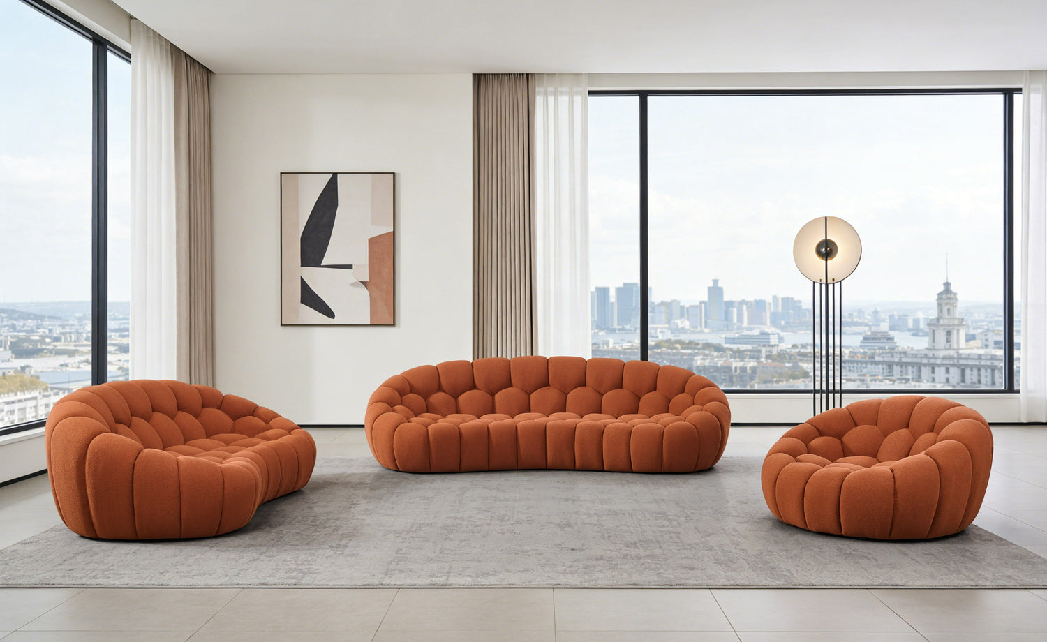 Yolonda - Modern Curved Orange Fabric Sofa Set - View Image 1