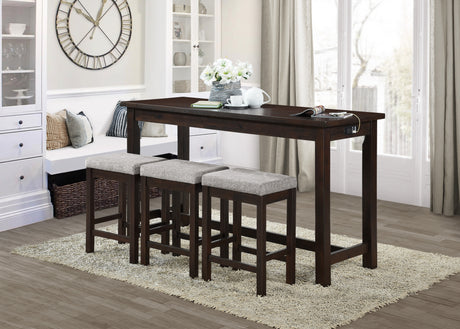4pc Counter Height Dining Set Espresso Finish Counter Height Table w Drawer Built-in USB Ports Power Outlets and 3 Stools Casual Dining Furniture