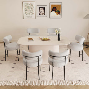 63' medieval modern cream style MDF dining table and 6 sets of circular cushioned armless dining chairs. Assemble desktop and black metal leg dining chair set, suitable for home & kitchen - sold by Home Elegance USA