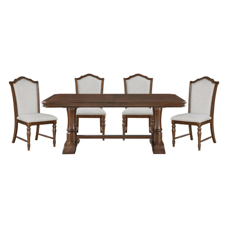 Formal Traditional Dining Set 5pc Table with Extension Leaf and 4 Side Chairs Cherry Finish Fabric Upholstery Nailhead Trim Wooden Furniture
