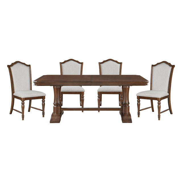 Formal Traditional Dining Set 5pc Table with Extension Leaf and 4 Side Chairs Cherry Finish Fabric Upholstery Nailhead Trim Wooden Furniture