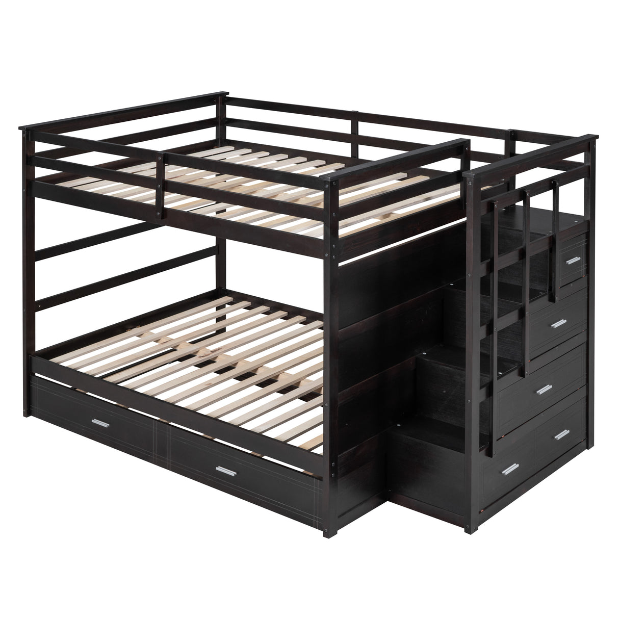 Full Over Full Bunk Bed with Twin Size Trundle and Staircase, Espresso - Home Elegance USA