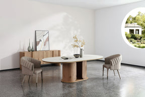 Walbrook - Modern Faux Travertine Ceramic + White Oak Oval Dining Table - View Image 1