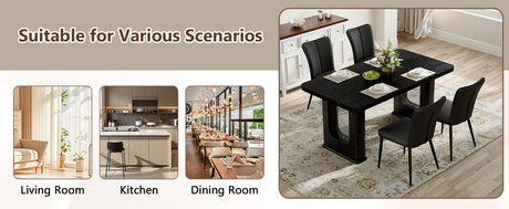 Table and chair set. 64.5 x 35.4 Inch Stylish Black Wood Color Textured Dining Table.Paired with 4 Black PU chairs with a vertical stripe design on the backrest and black metal legs. - sold by Home Elegance USA