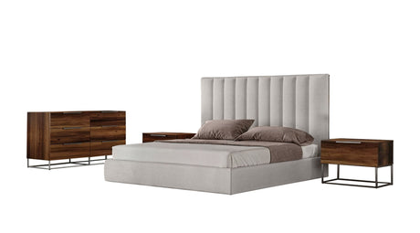 Eastern King Valhalla + Lorenzo - Modern White Fabric + Light Oak 4-Piece Bedroom Set
