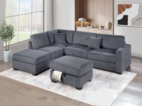 Dark Gray Wide Welt Corduroy Sectional Sofa Reversible Chaise Sofa w USB Storage Ottoman Upholstered Couch Pillows 3pc Set - sold by Home Elegance USA