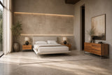 Eastern King Bergeron + Lorenzo - Contemporary Cream Fabric + Light Oak 4-Piece Bedroom Set