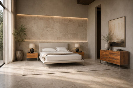 Eastern King Bergeron + Lorenzo - Contemporary Cream Fabric + Light Oak 4-Piece Bedroom Set