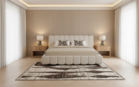 Eastern King Harris + Roma - Modern Off-White Fabric + Oak 4-Piece Bedroom Set