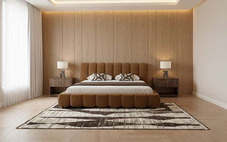 Eastern King Harris + Roma - Modern Brown Fabric + Walnut 4-Piece Bedroom Set