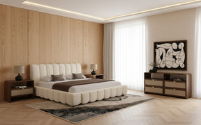 Eastern King Harris + Emilio - Modern Off-White Fabric + Burlap + Walnut 4-Piece Bedroom Set - View Image 1
