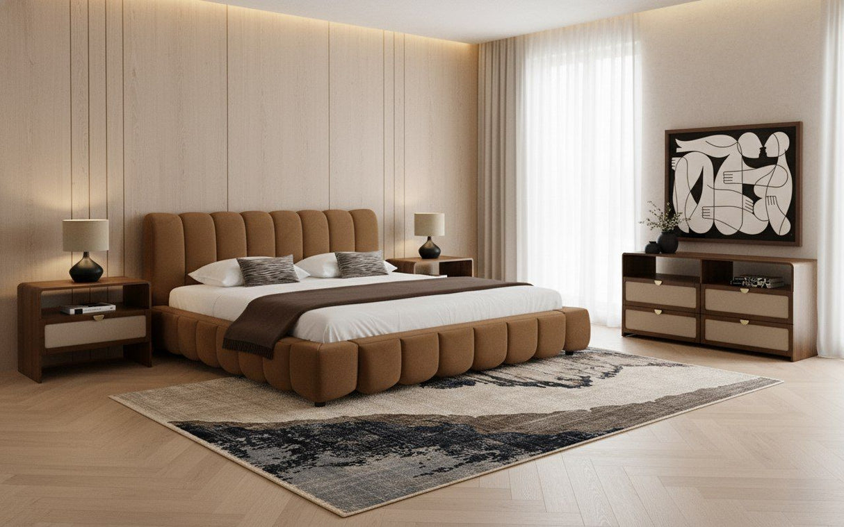 Eastern King Harris + Emilio - Modern Brown Fabric + Burlap + Walnut 4-Piece Bedroom Set