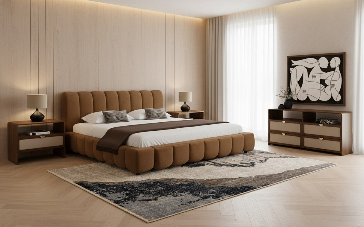 Eastern King Harris + Emilio - Modern Brown Fabric + Burlap + Walnut 4-Piece Bedroom Set - View Image 1