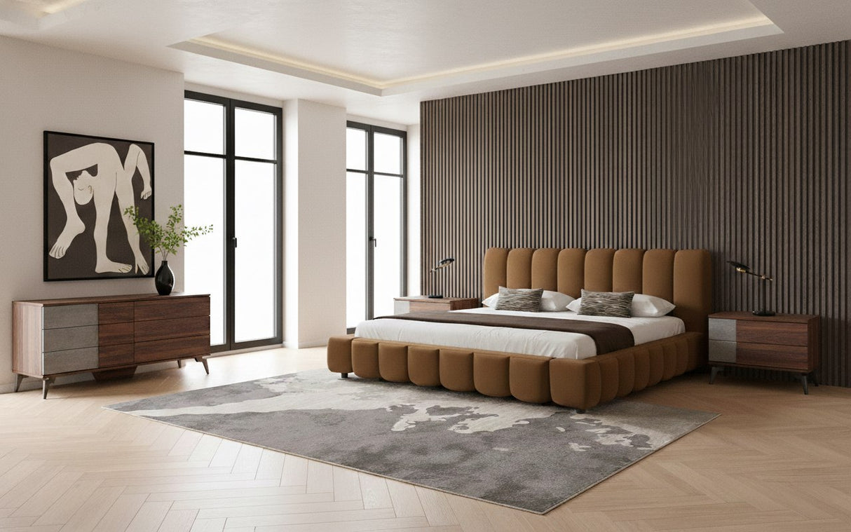 Eastern King Harris + Palermo - Modern Brown Fabric + Faux Concrete & Walnut 4-Piece Bedroom Set - View Image 1