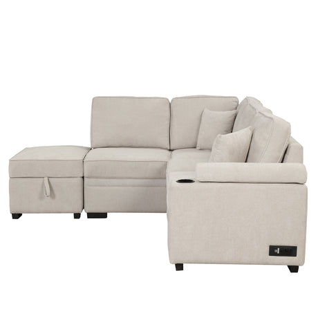 2 in 1 Sleeper Sofa Bed with Storage Ottoman, Beige Linen Upholstery, 84.75' L Shape Couch for Small Spaces - sold by Home Elegance USA