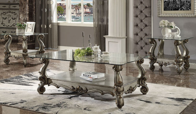 Acme - Versailles Coffee Table 86840 Clear Glass & Antique Platinum Finish