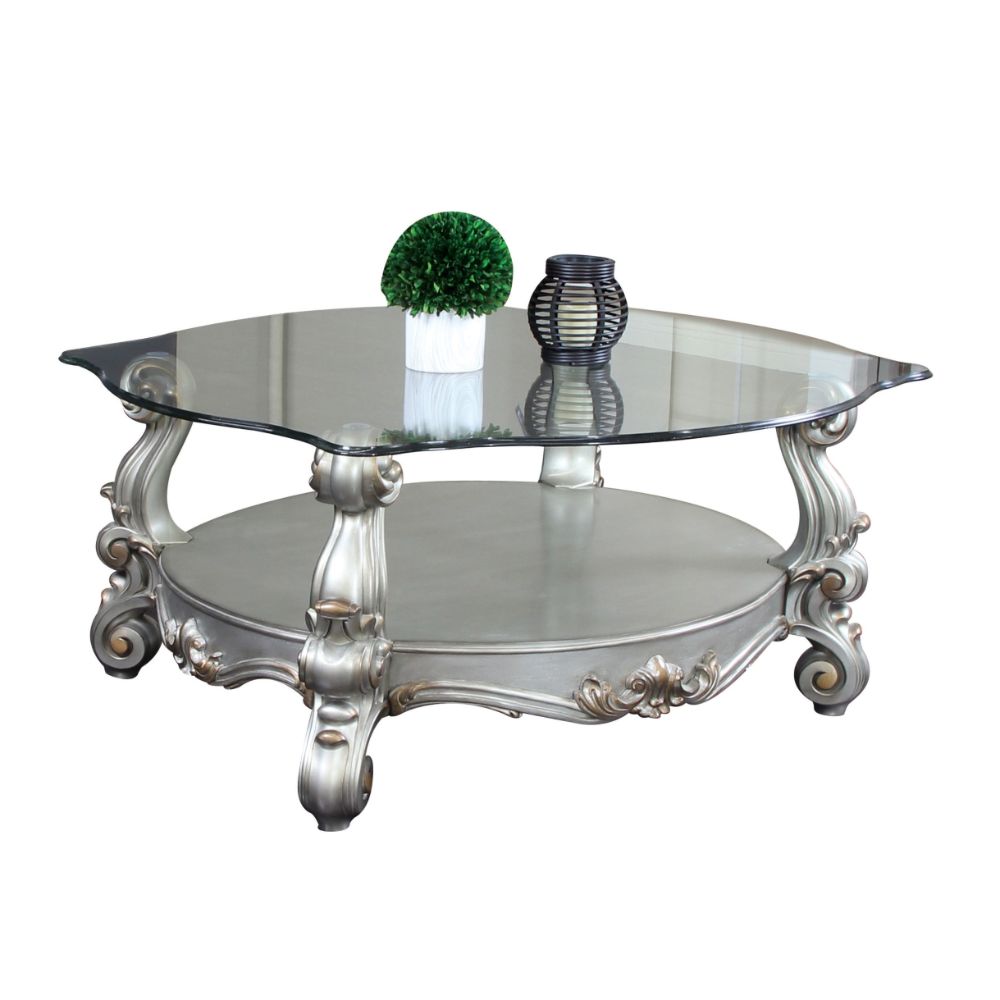 Acme - Versailles Coffee Table 86845 Clear Glass & Antique Platinum Finish