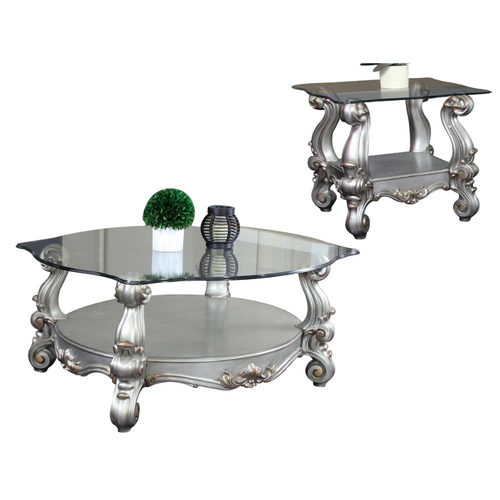 Acme - Versailles Coffee Table 86845 Clear Glass & Antique Platinum Finish