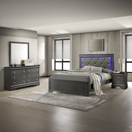 Blaze Upholstered Modern Style 4 Pc King Bedroom Set with LED Headboard Made with Wood in Metallic Gray