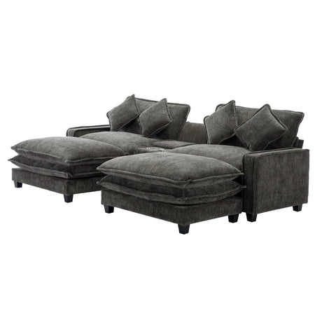 Modern Chenille Upholstered Sectional Sofa with Ottomans, USB Ports, Cup Holders, and Storage in Grey - sold by Home Elegance USA