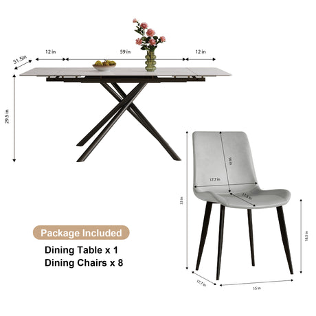 Modern Retractable Sintered Stone Dining Table Set with Black Carbon Steel Legs, Includes 8 Chairs - sold by Home Elegance USA