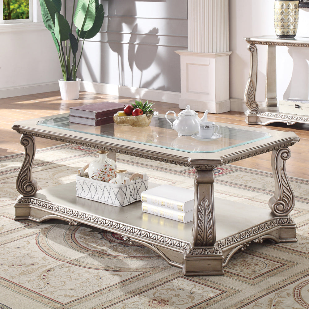 Acme - Northville Coffee Table 86930 Clear Glass & Antique Silver Finish