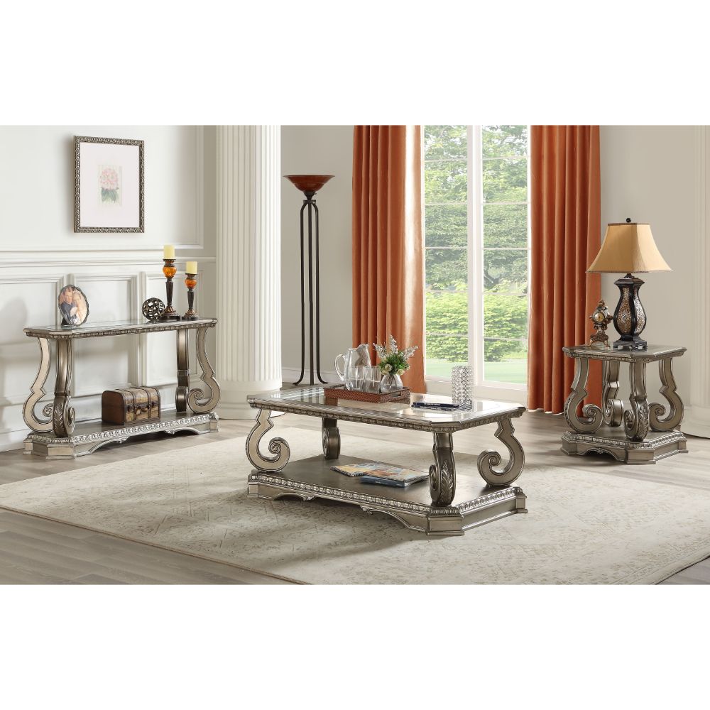 Acme - Northville Coffee Table 86930 Clear Glass & Antique Silver Finish