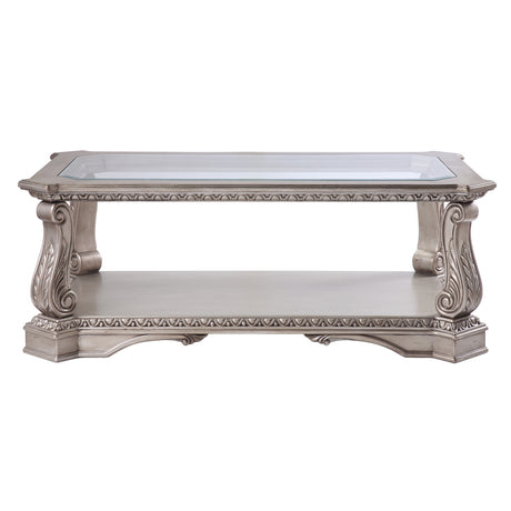 Acme - Northville Coffee Table 86930 Clear Glass & Antique Silver Finish