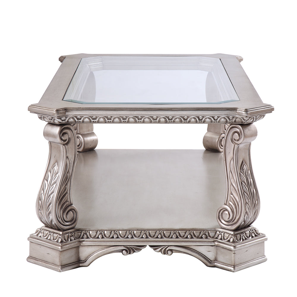 Acme - Northville Coffee Table 86930 Clear Glass & Antique Silver Finish