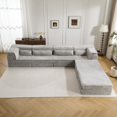 Compression Mahjong Sofa,Convertible Floor Sofa Bed,DIY Boneless Modular Sectional Sofa,No Assembly Required,Circle fleece fabric,Oversized 4 Seater with 2 Ottoman,Light-grey - sold by Home Elegance USA