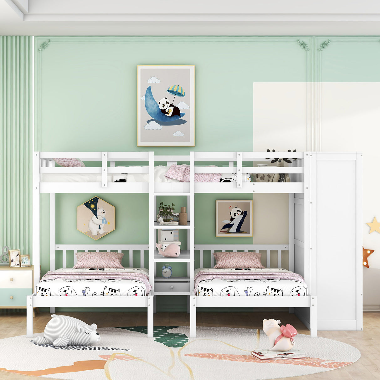 Full-Over-Twin-Twin Bunk Bed with Shelves, Wardrobe and Mirror, White - Home Elegance USA