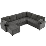 Versatile U-Shaped Sectional Sofa Bed with Storage, Cup Holders, Charging Ports in Grey Chenille