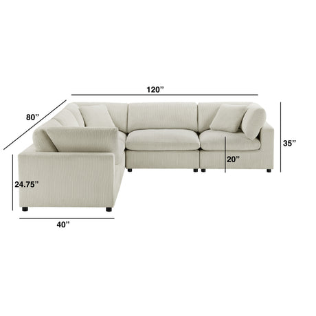 Chelsea Modular 5-Piece Sectional in Beige with Plush Polyester Upholstery and Solid Wood Legs - sold by Home Elegance USA