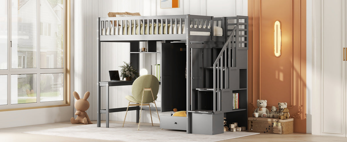 Twin size Loft Bed with Bookshelf,Drawers,Desk,and Wardrobe-Gray - Home Elegance USA