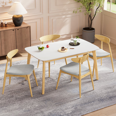5-Piece Dining Set, 1 Table + 4 Chairs, Rubberwood Frame, Ergonomic Chairs & Faux Wood Table, Beige+Natural+White Oak - sold by Home Elegance USA