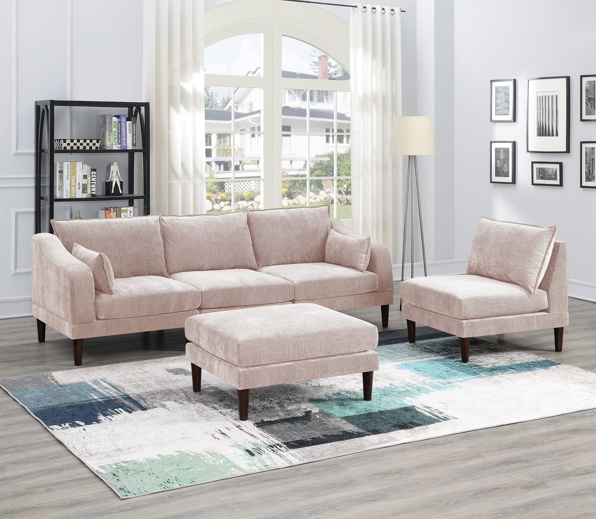 Beautiful 5pcs Modular Sectional Set 2x One Arm Chairs 2x Armless Chair 1x Ottoman Living Room Furniture Blush Pink Morgan Fabric