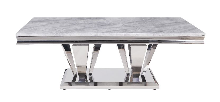 Acme - Satinka Coffee Table 87215 Light Gray Printed Faux Marble Top & Mirrored Silver Finish