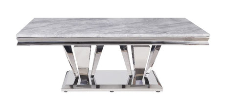 Acme - Satinka Coffee Table 87215 Light Gray Printed Faux Marble Top & Mirrored Silver Finish