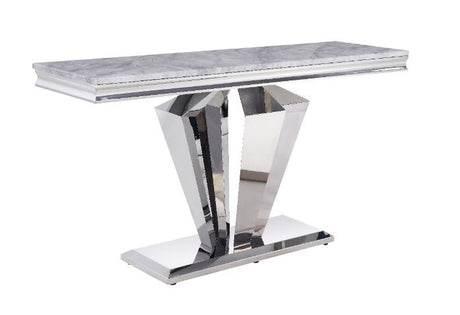Acme - Satinka Sofa Table 87223 Light Gray Printed Faux Marble Top & Mirrored Silver Finish