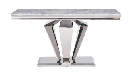 Acme - Satinka Sofa Table 87223 Light Gray Printed Faux Marble Top & Mirrored Silver Finish