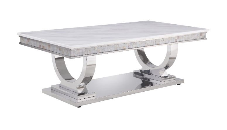 Acme - Zander Coffee Table 87355 White Printed Faux Marble Top & Mirrored Silver Finish